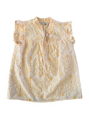 LOFT White and Yellow Fan-Print Embroidered Ruffle Sleeve Tie-Neck Top